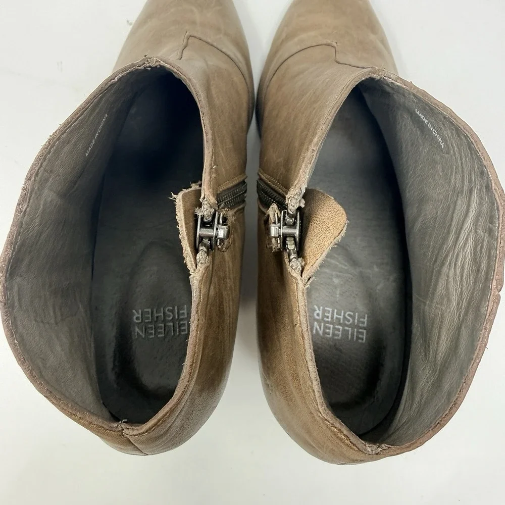 Eileen Fisher Ankle Boots 8.5 Dusk Trail Stacked‎ Heel Distressed Leather Zip